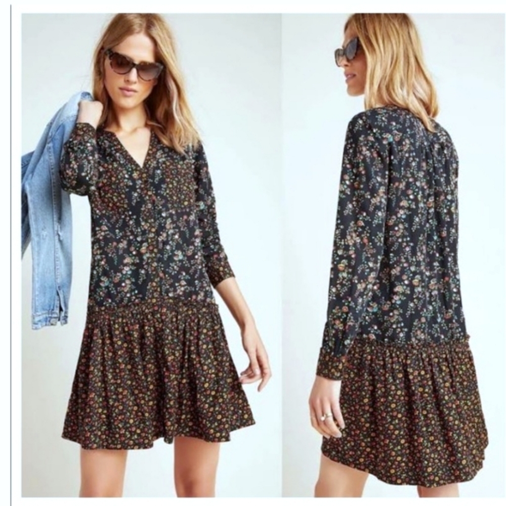 Maeve by Anthropologie Black Florals Shirt Dress 0